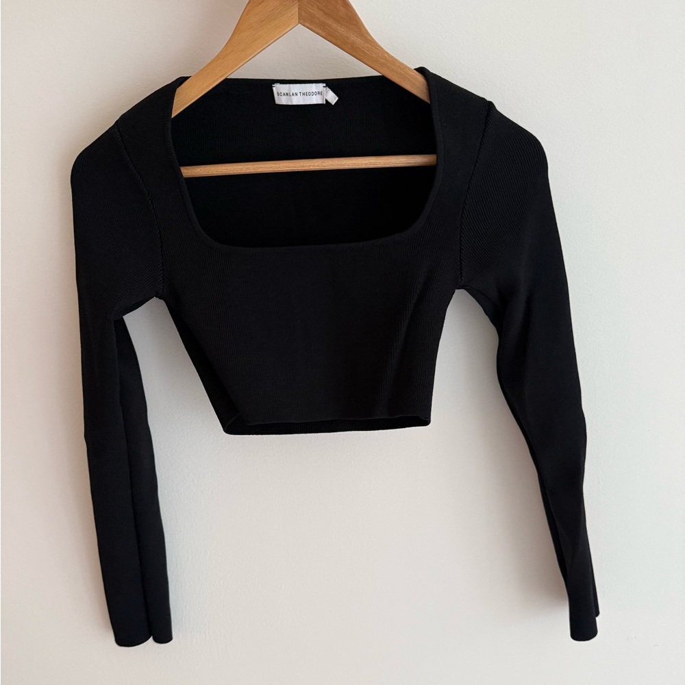 Scanlan Theodore Crepe Knit Black Long Sleeve Square Neck Crop Top Size XS
